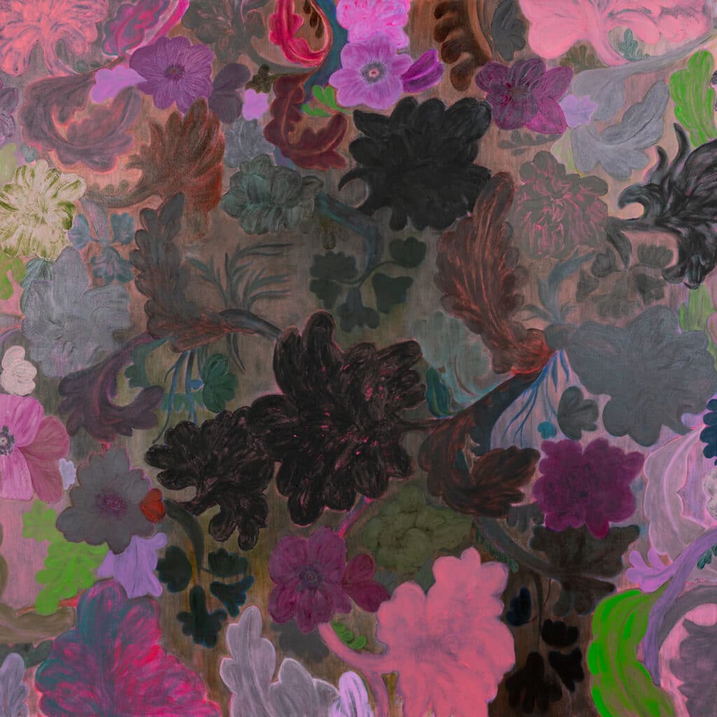 A vivid abstract floral composition with overlapping petal-like forms in pinks, reds, and yellows outlined in dark contours on a cream canvas.