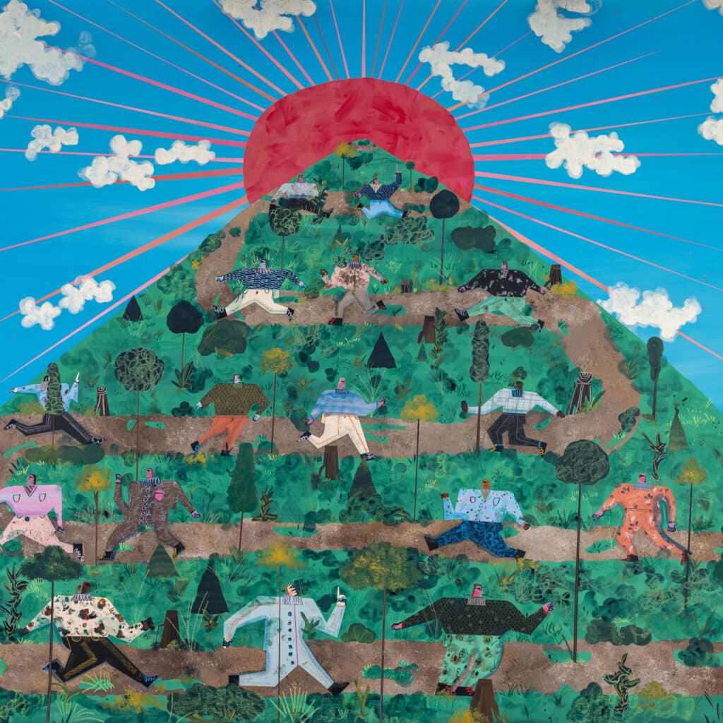 Narrative painting filled with small human figures and buildings, depicting a mountain-top village scene in a folk-art style.