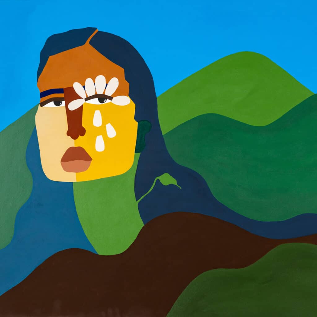 Figurative painting with a Black woman emerging from bold, colorful abstract shapes, surrounded by plant forms and symbolic details.