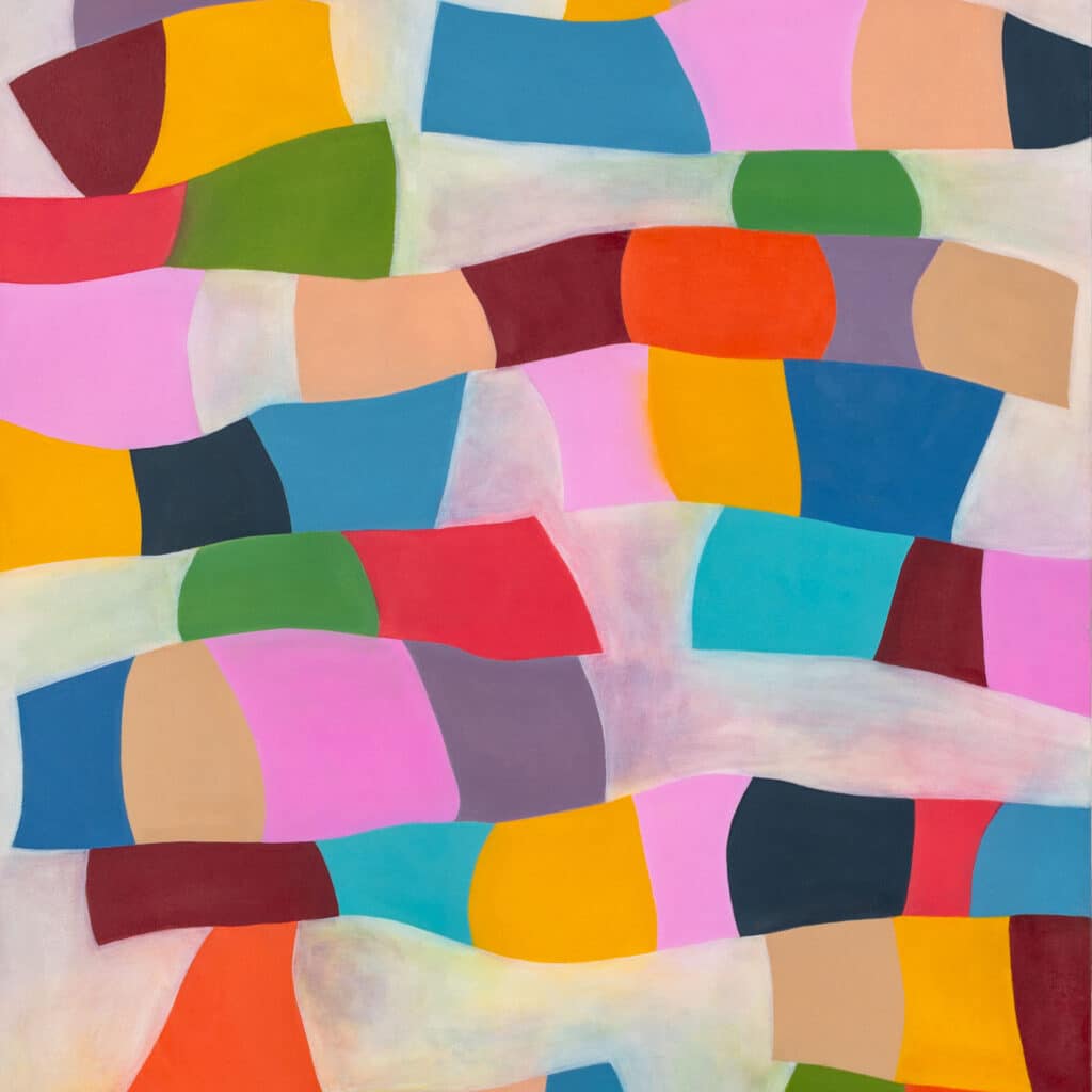 Geometric painting of overlapping rectangular shapes in a brick-like pattern, with layered tones of gray, cream, and terra cotta.