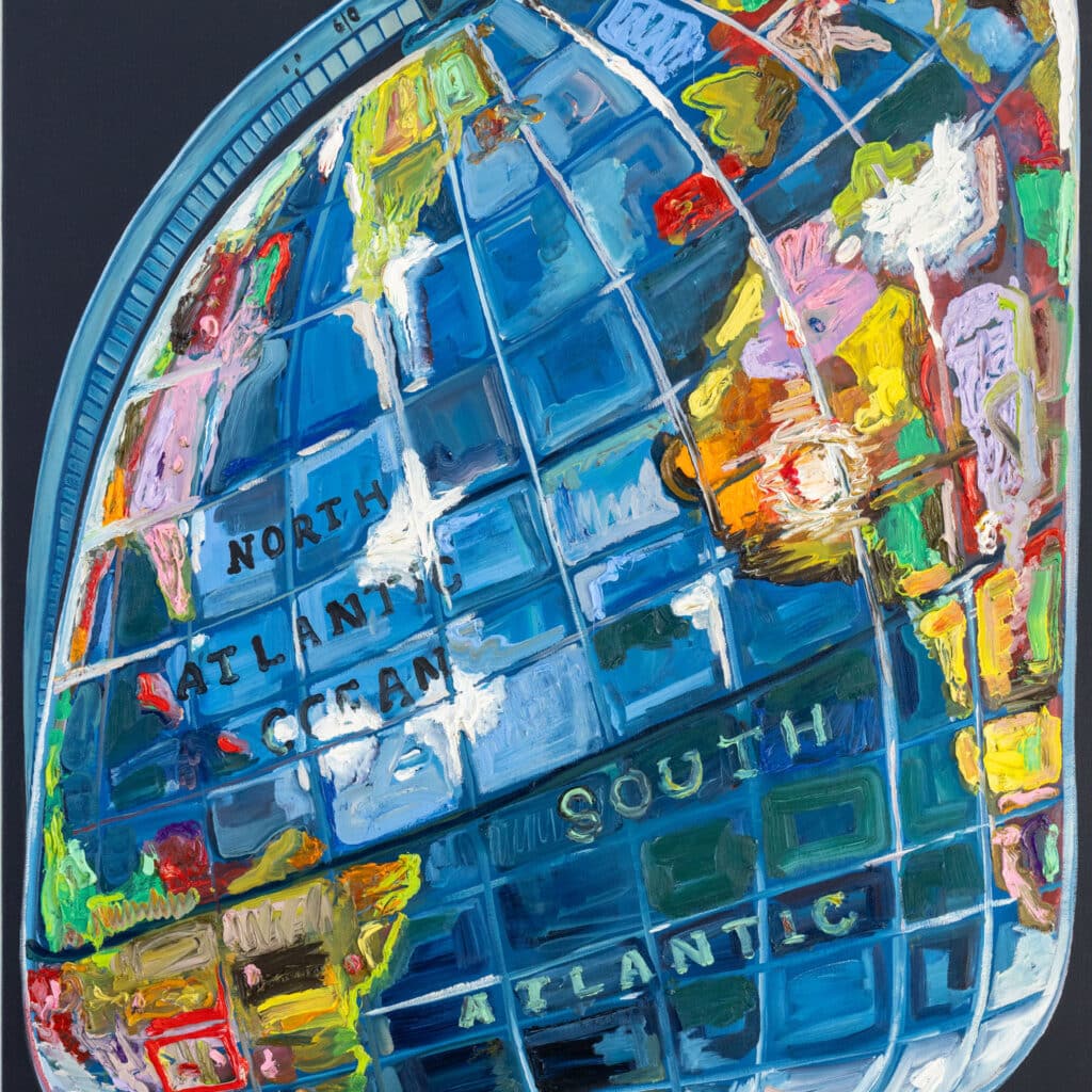 Conceptual oil painting of an abstract human head layered with diagrammatic marks and fragmented brushwork in muted blues and browns.