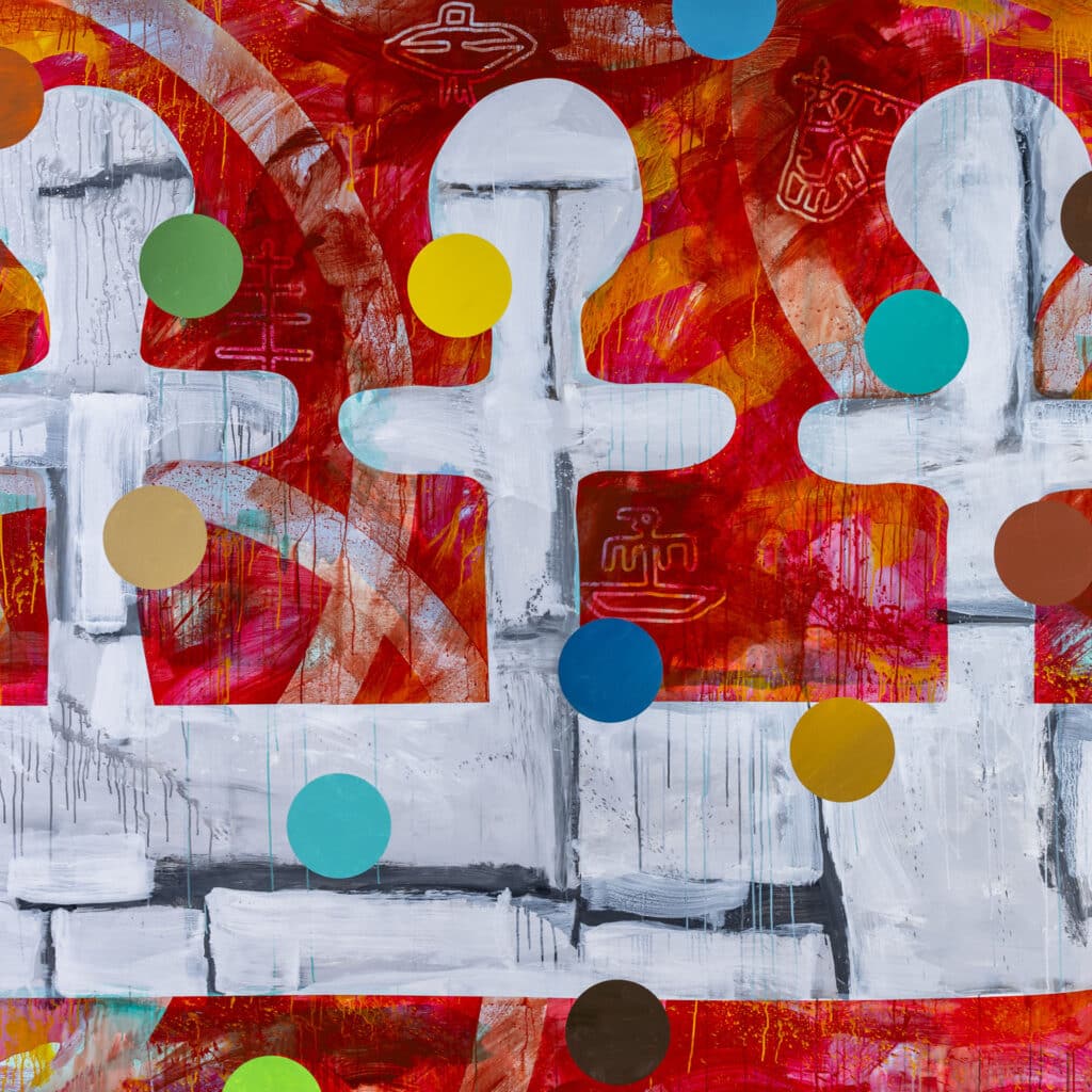 Large-scale geometric painting with a grid of symbols in red, blue, and black, referencing Indigenous canoe iconography and landscape patterns.