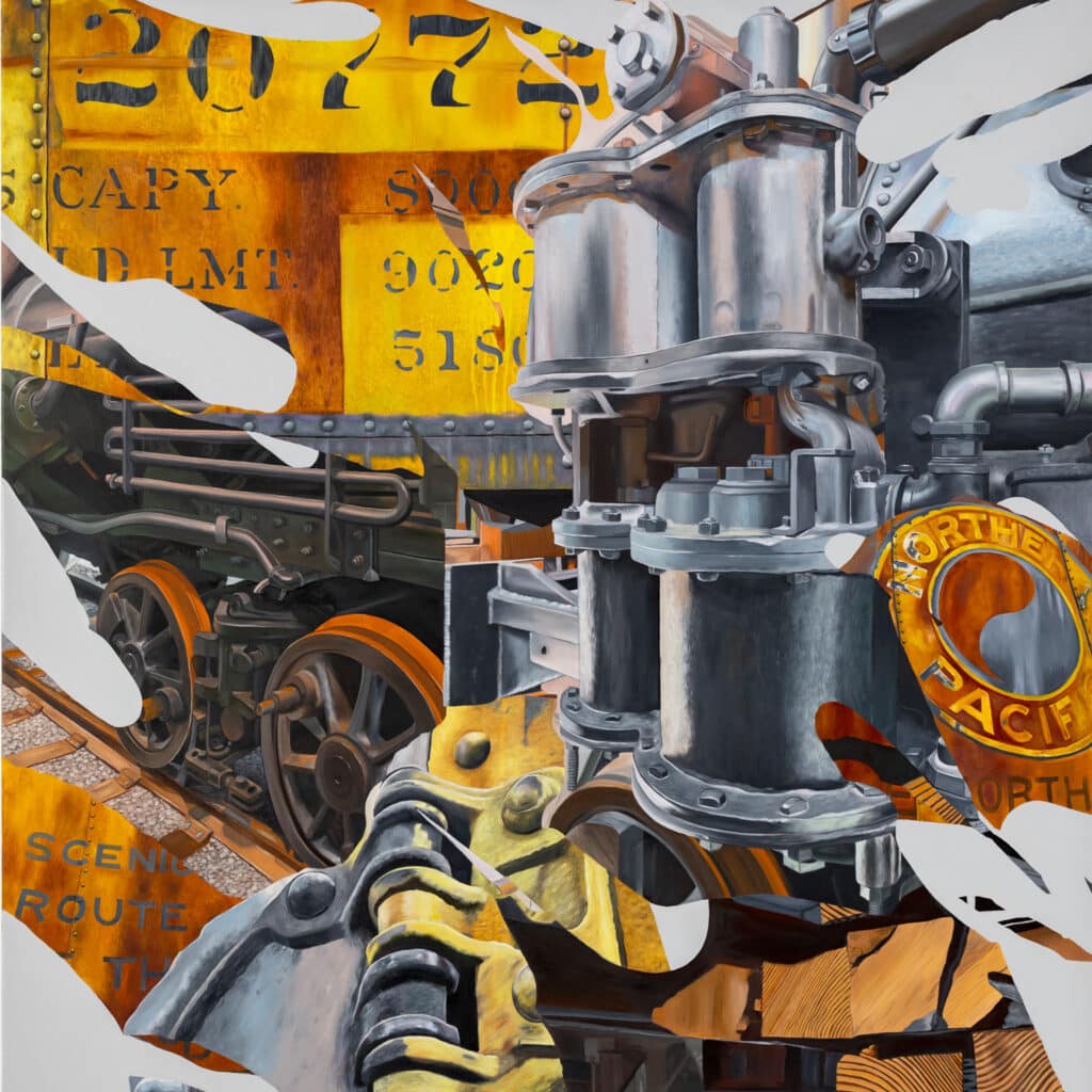 Industrial-themed painting with machinery, gears, and a metallic robot-like figure rendered in gritty textures and muted gray tones.