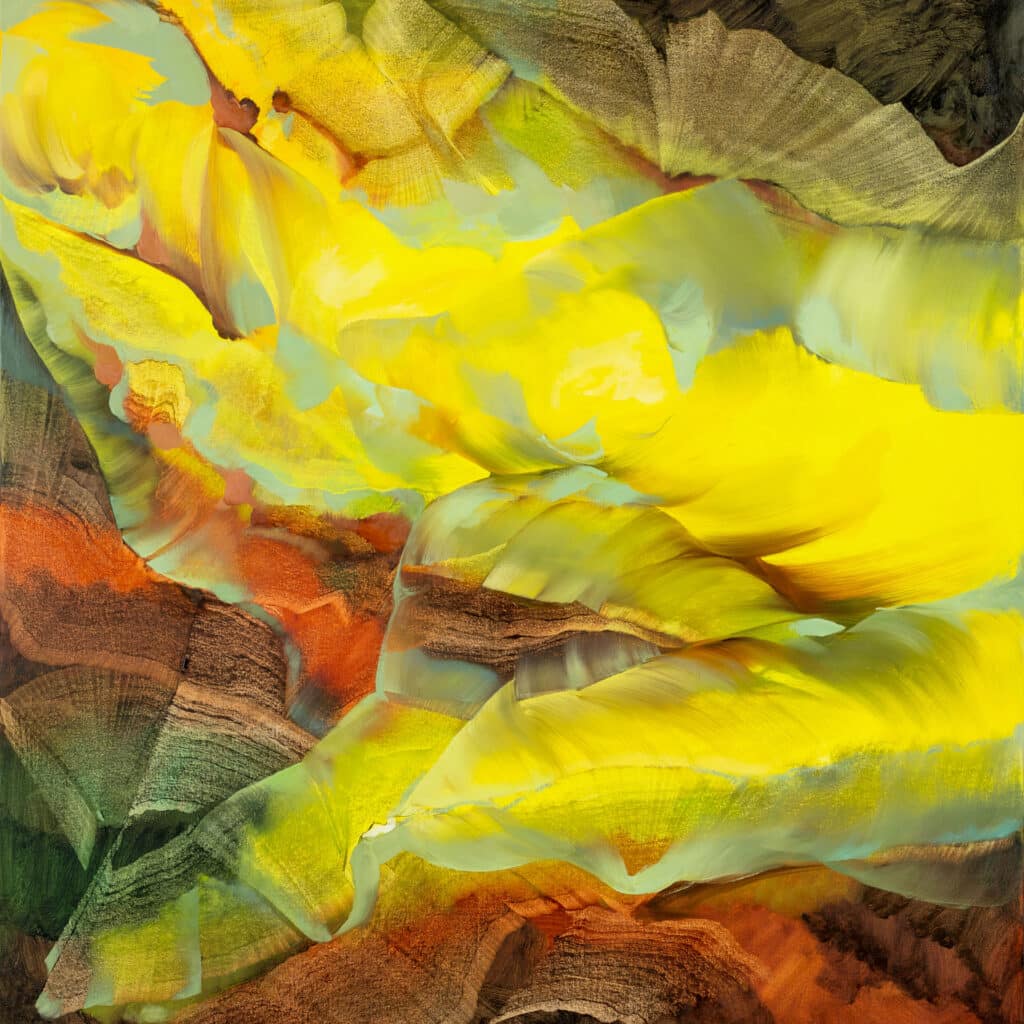 Bold abstract floral painting with vibrant orange and magenta blooms bursting through black and teal background layers.