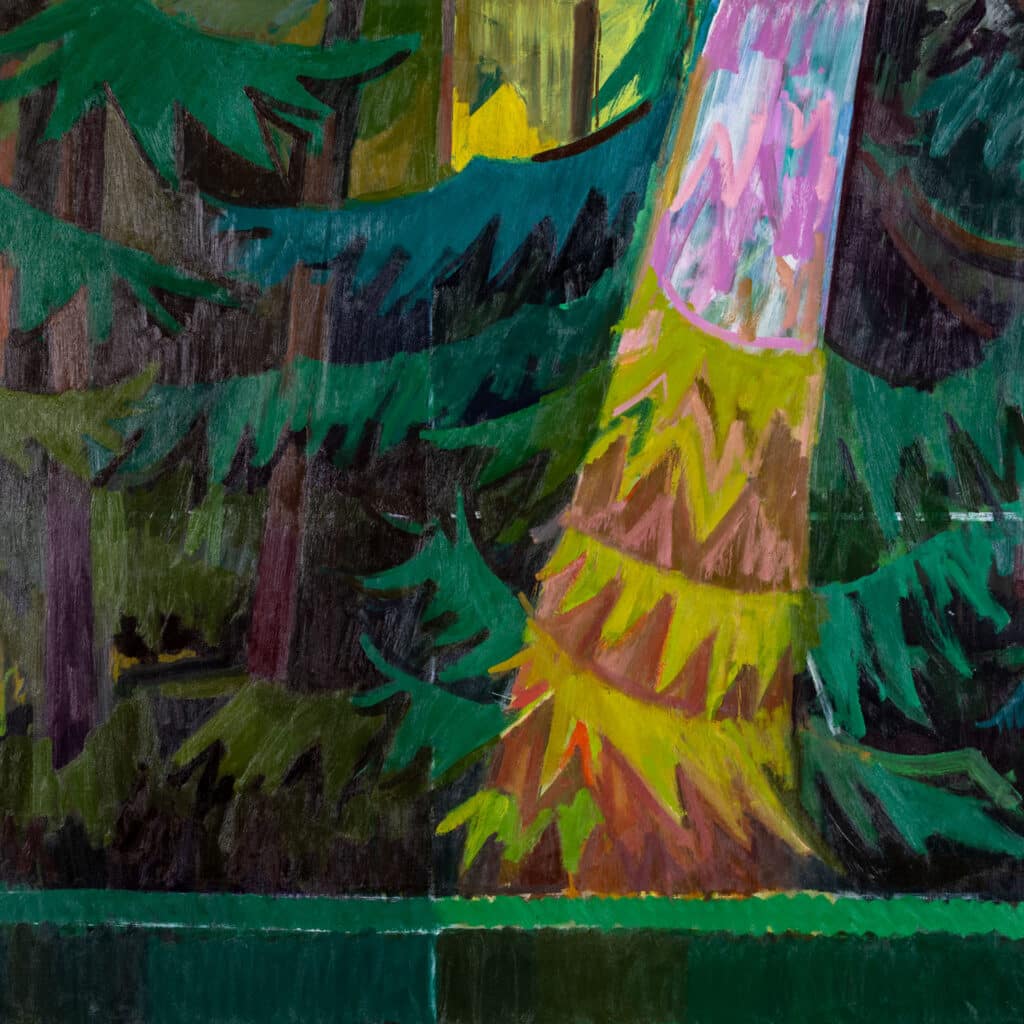 Impressionistic forest scene with dappled light falling through tall cedar trees, rendered in lush greens, ochres, and soft brushwork.