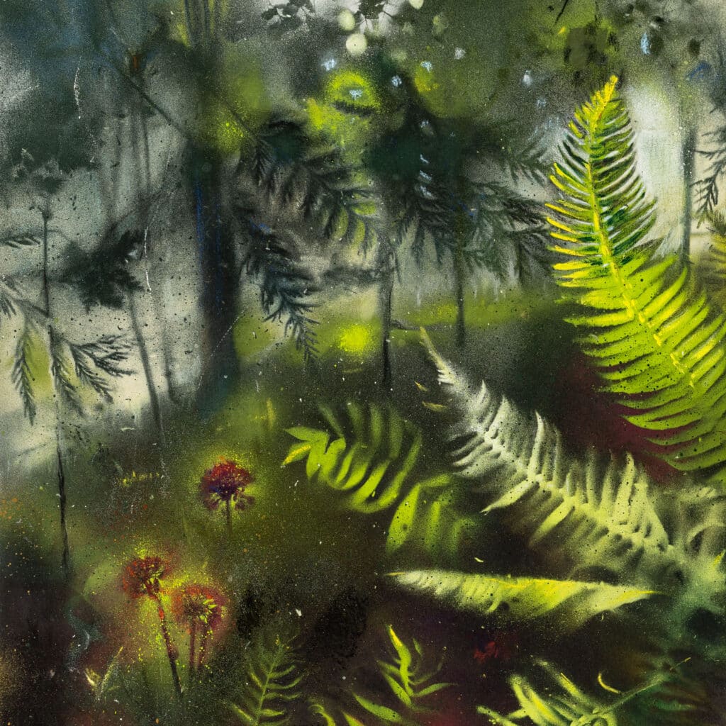 Mixed media work with botanical forms in green and lavender, layered with translucent washes and hand-drawn linework.