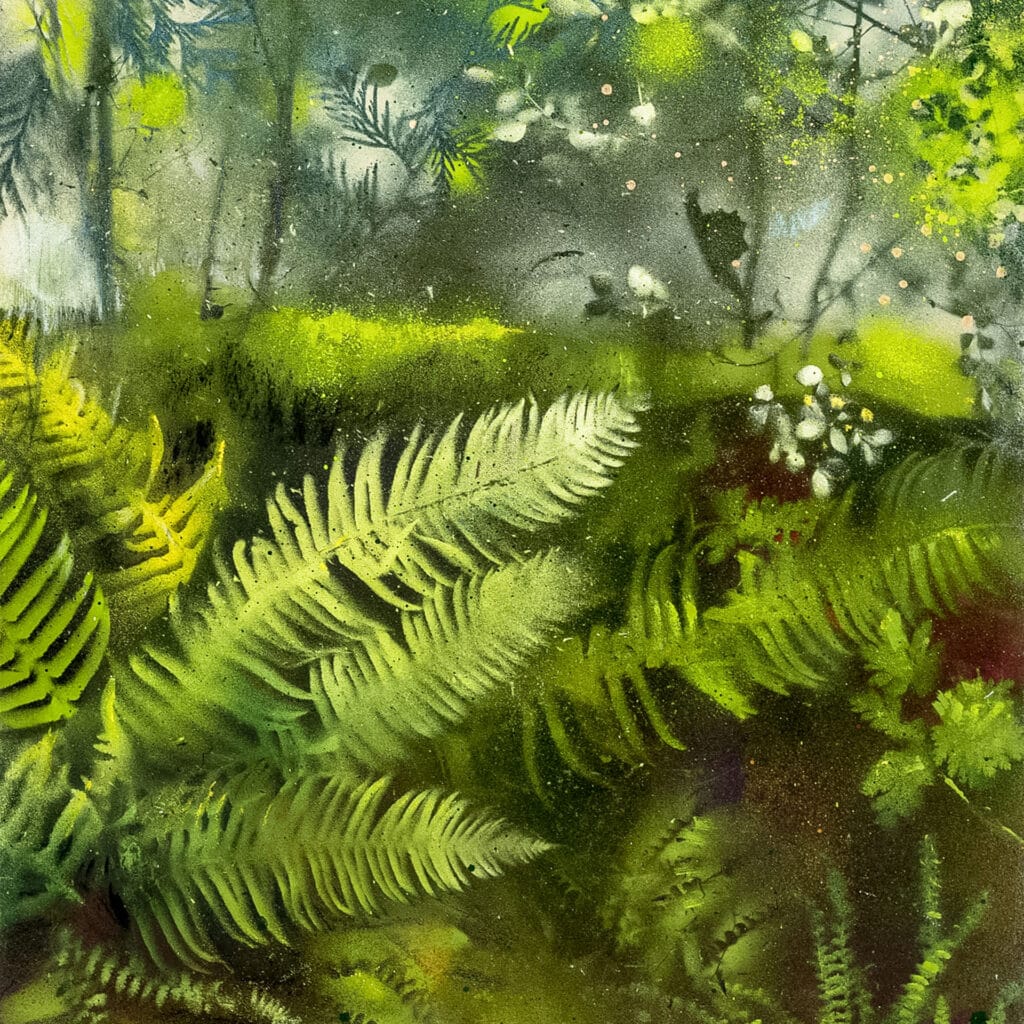 Companion piece to Leschi Park I, featuring leafy patterns and floral motifs in a pastel palette with overlapping organic textures.