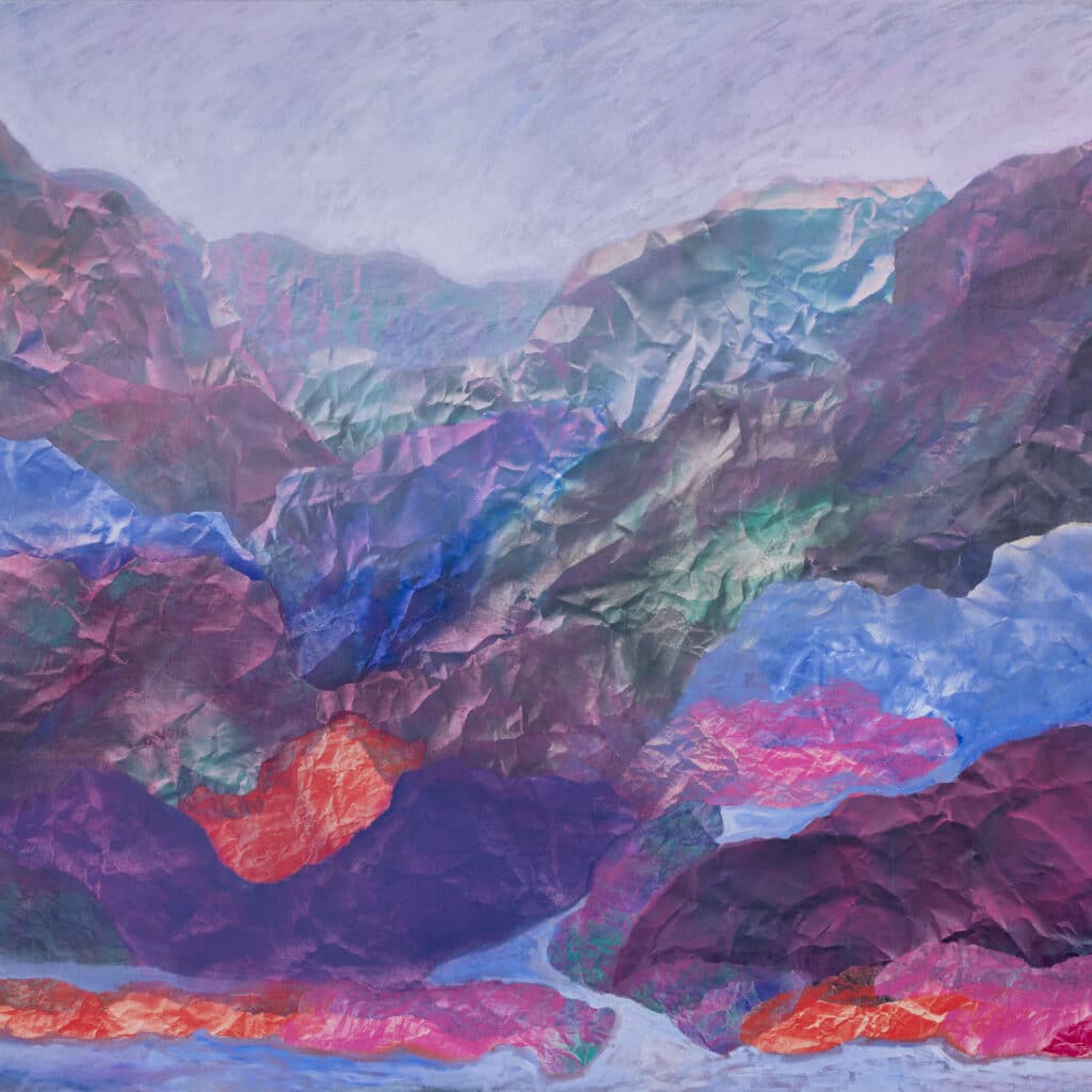 Abstract painting with layered brushwork in deep purples, gray-blue, and maroon, suggesting architectural depth and emotional contrast.