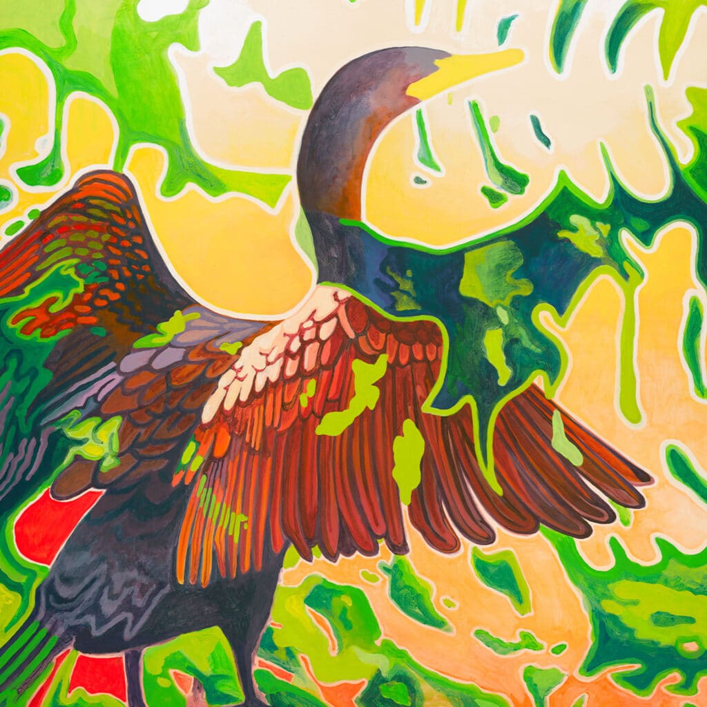 Mythologically inspired painting of a female figure with flowing robes surrounded by symbolic fruits and celestial forms in bold reds and ochres.