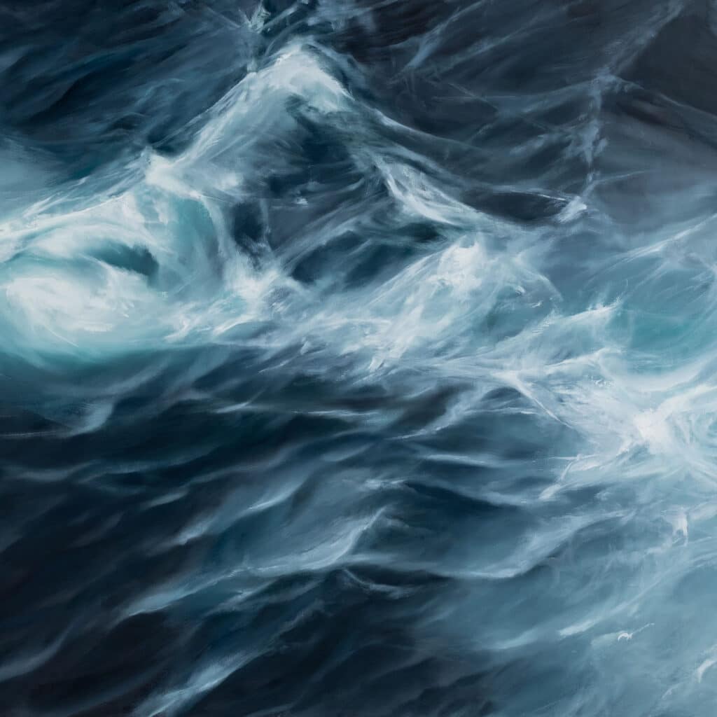 Wide-format landscape with abstract oceanic layers in beige, navy, and slate blue, evoking motion through sweeping horizontal brushstrokes.