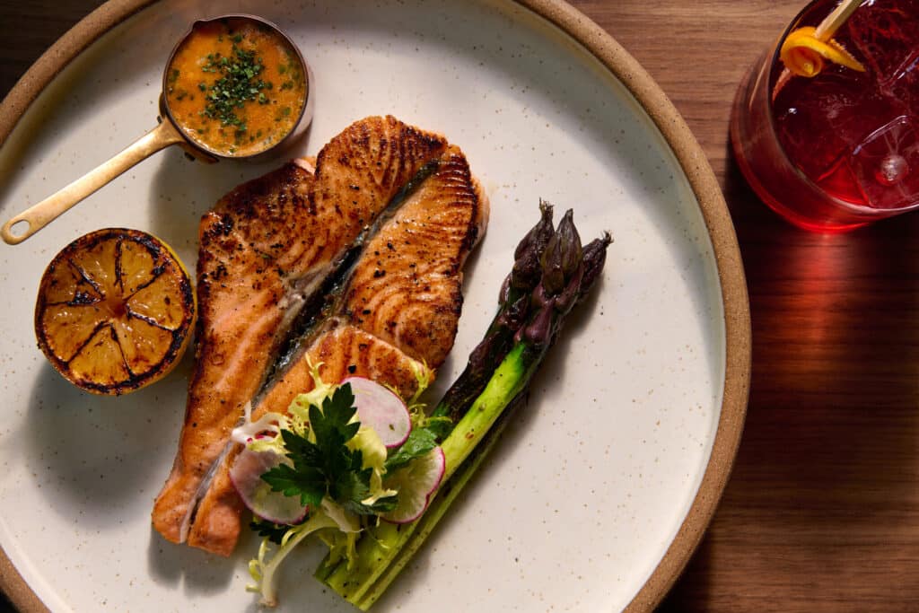 Wild Salmon with asparagus and charred lemon